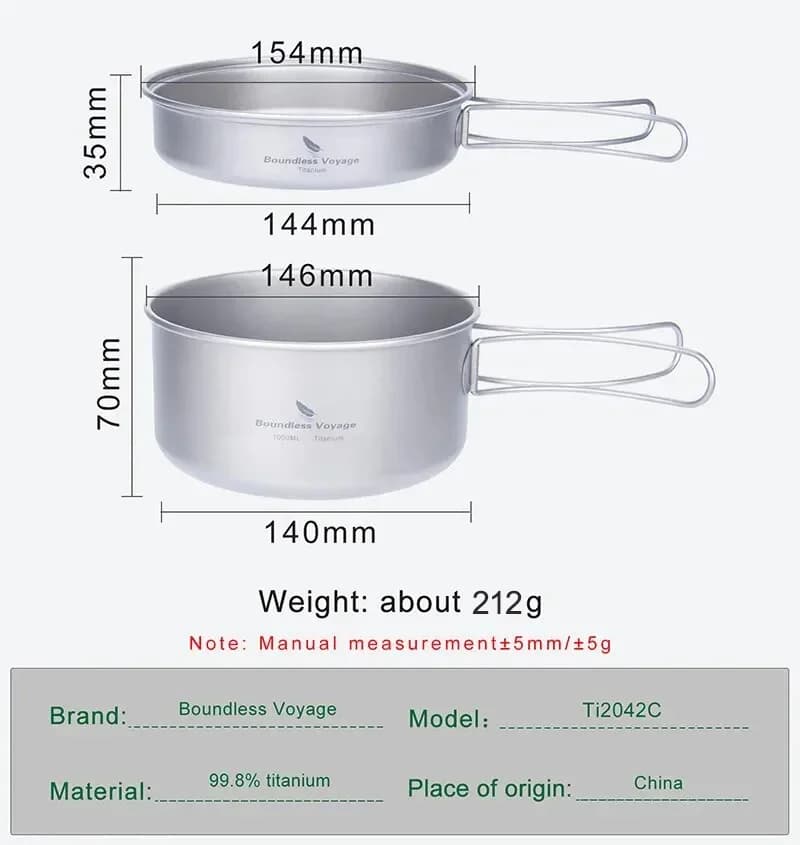 Boundless Voyage Titanium Pot Pan Set with Folding Handles Camping Cookware Hiking