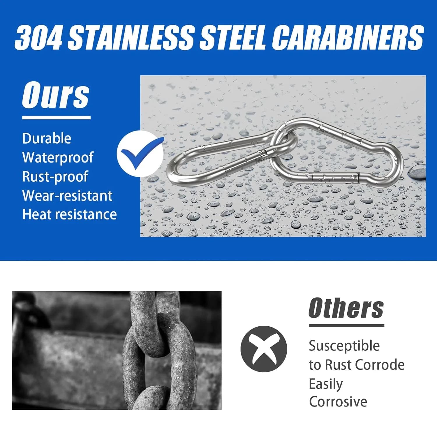 10Pcs 304 Stainless Steel Carabiner Clip M4 M5 M6 M7 M8 Heavy Duty Spring Snap Quick Link Lock Ring Hook for Camping Hiking