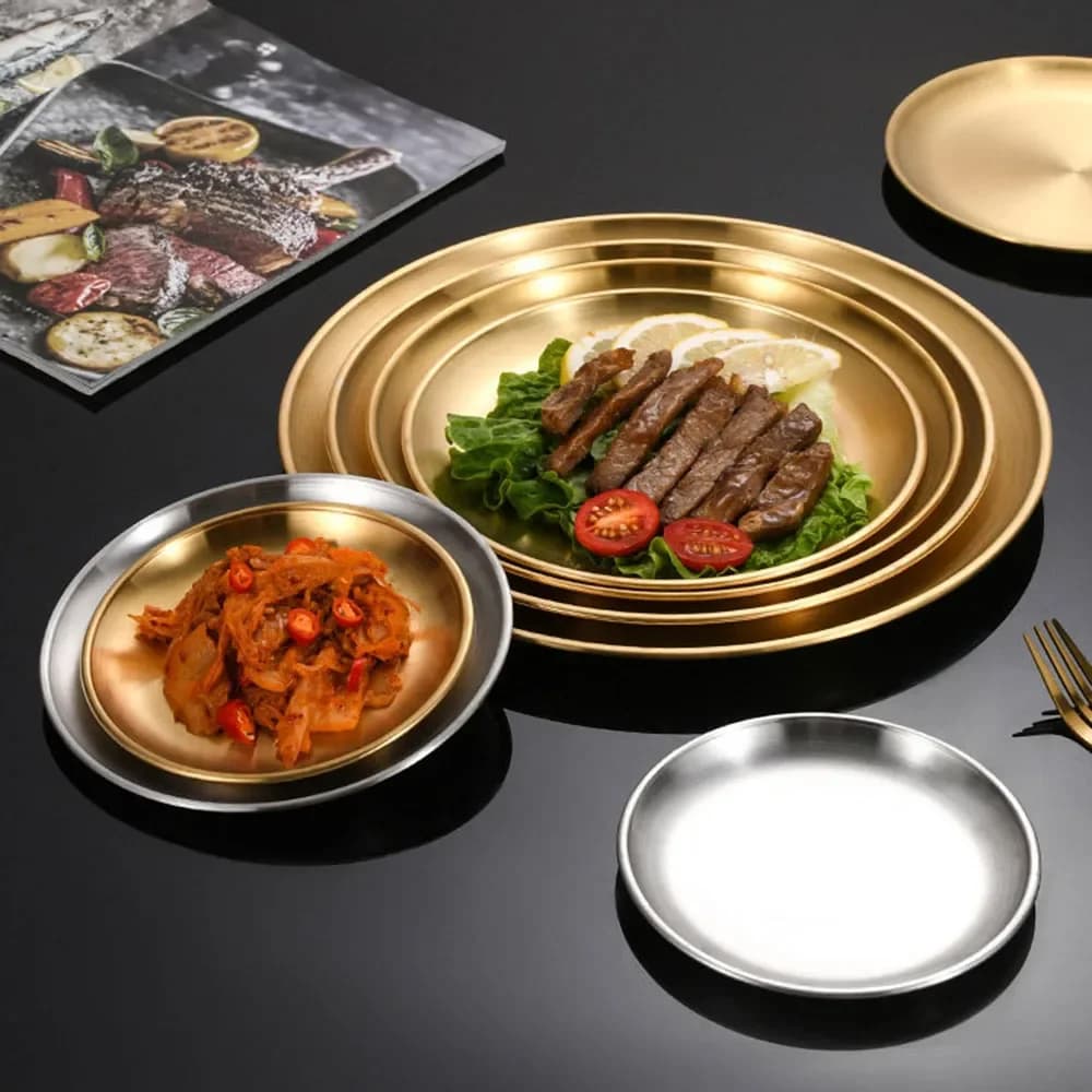 2Pcs Stainless Steels Round Silver Shallow Tray Plate Rust-Proof 14/17/20/23/26/30cm Camping Plate BBQ Picnic Dishes Cookware