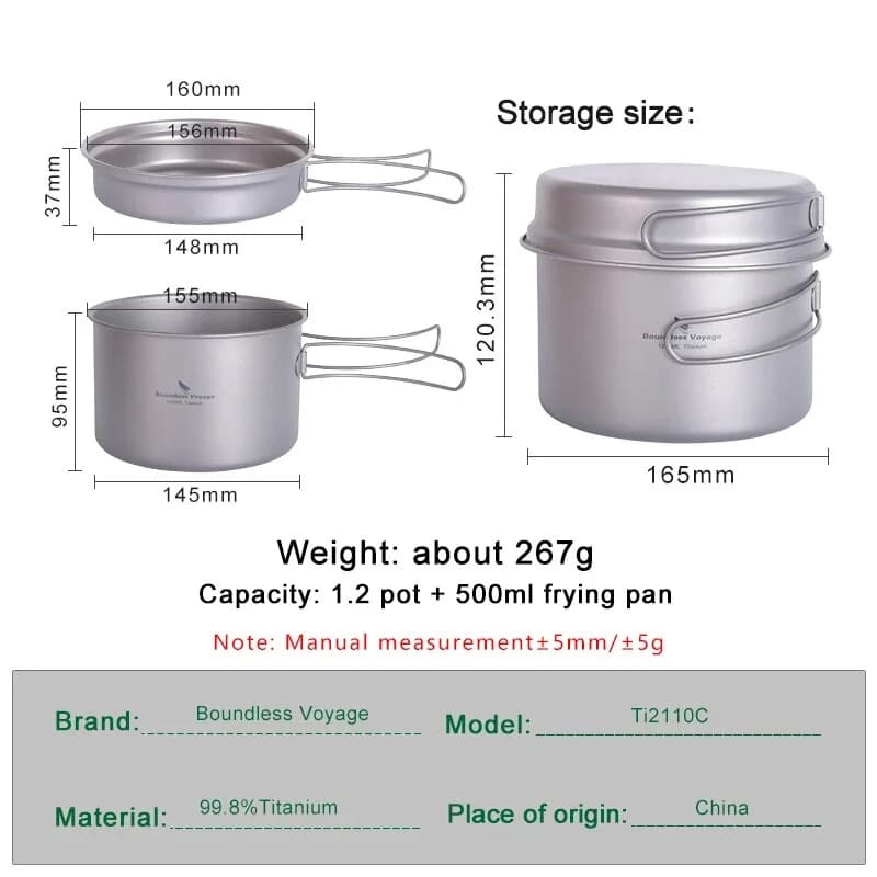 Boundless Voyage Titanium Pot Pan Set with Folding Handles Camping Cookware Hiking