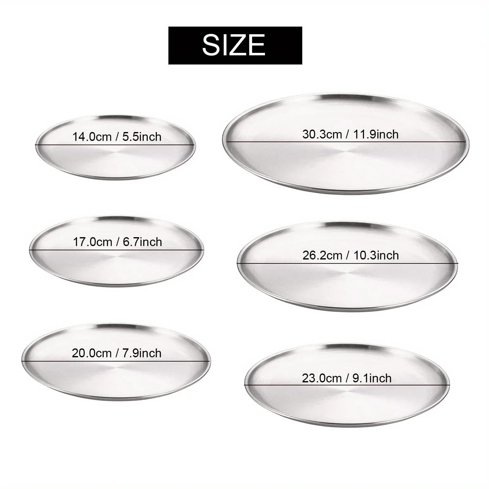 2Pcs Stainless Steels Round Silver Shallow Tray Plate Rust-Proof 14/17/20/23/26/30cm Camping Plate BBQ Picnic Dishes Cookware