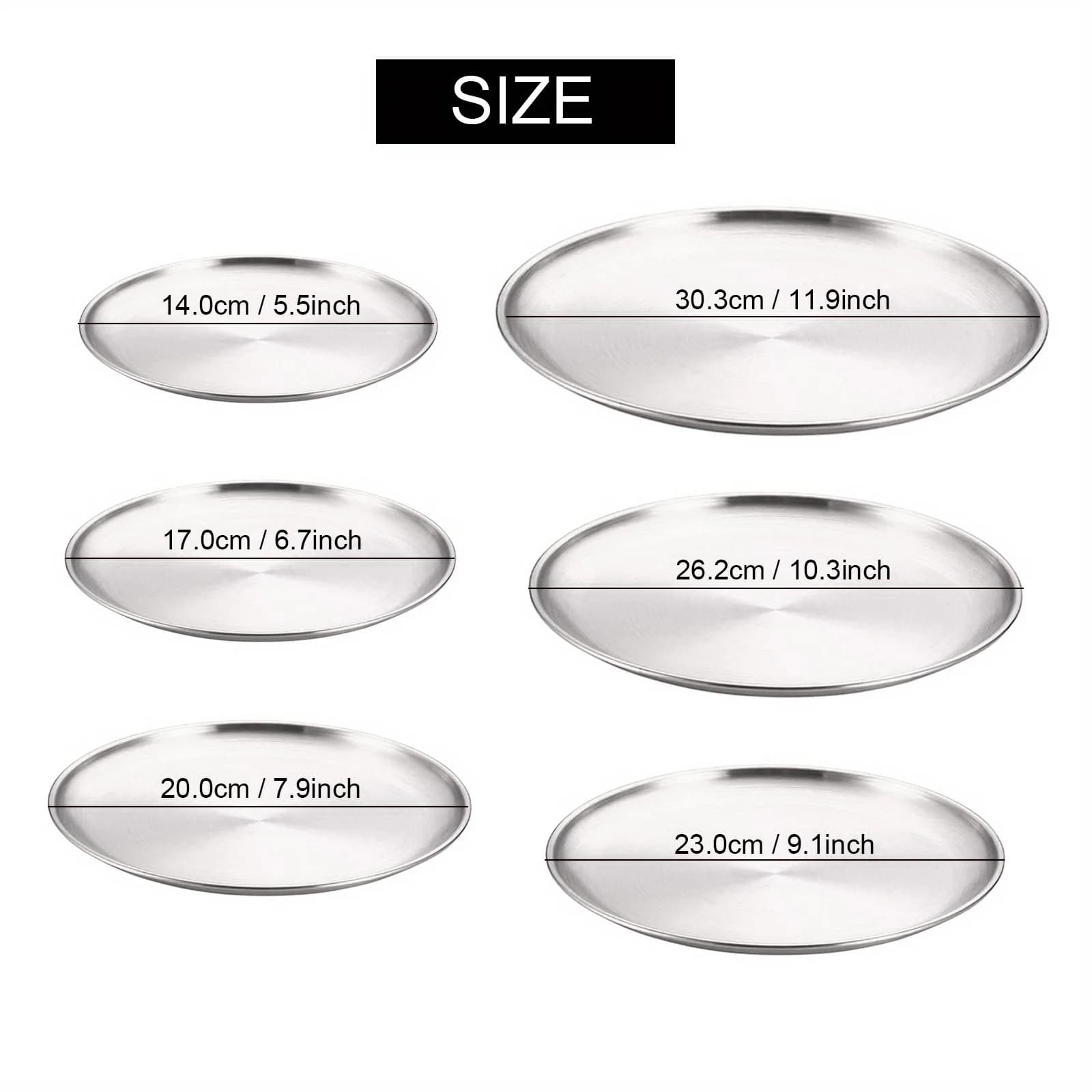 2Pcs Stainless Steels Round Silver Shallow Tray Plate Rust-Proof 14/17/20/23/26/30cm Camping Plate BBQ Picnic Dishes Cookware